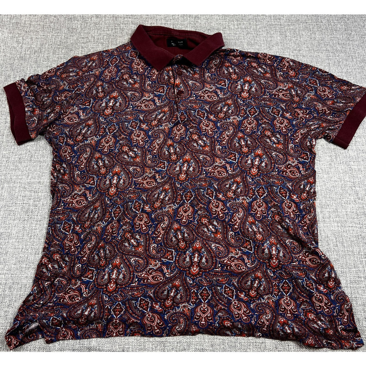 Zara Man Mens XL Paisley Polo Shirt Burgundy Blue Short Sleeve Portugal