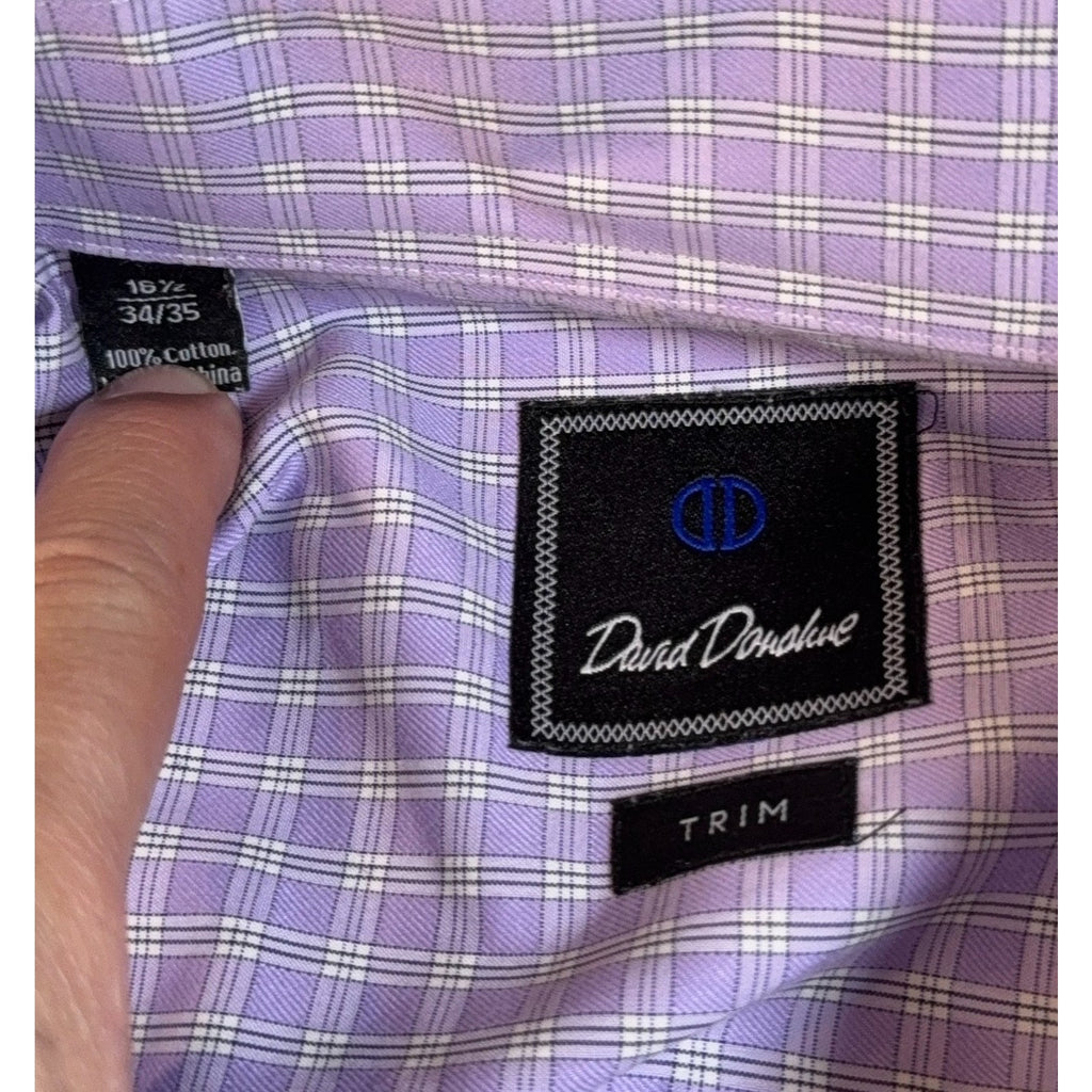 David Donahue Trim Fit Dress Shirt Mens 16.5 34/35 Purple Plaid 100% Cotton