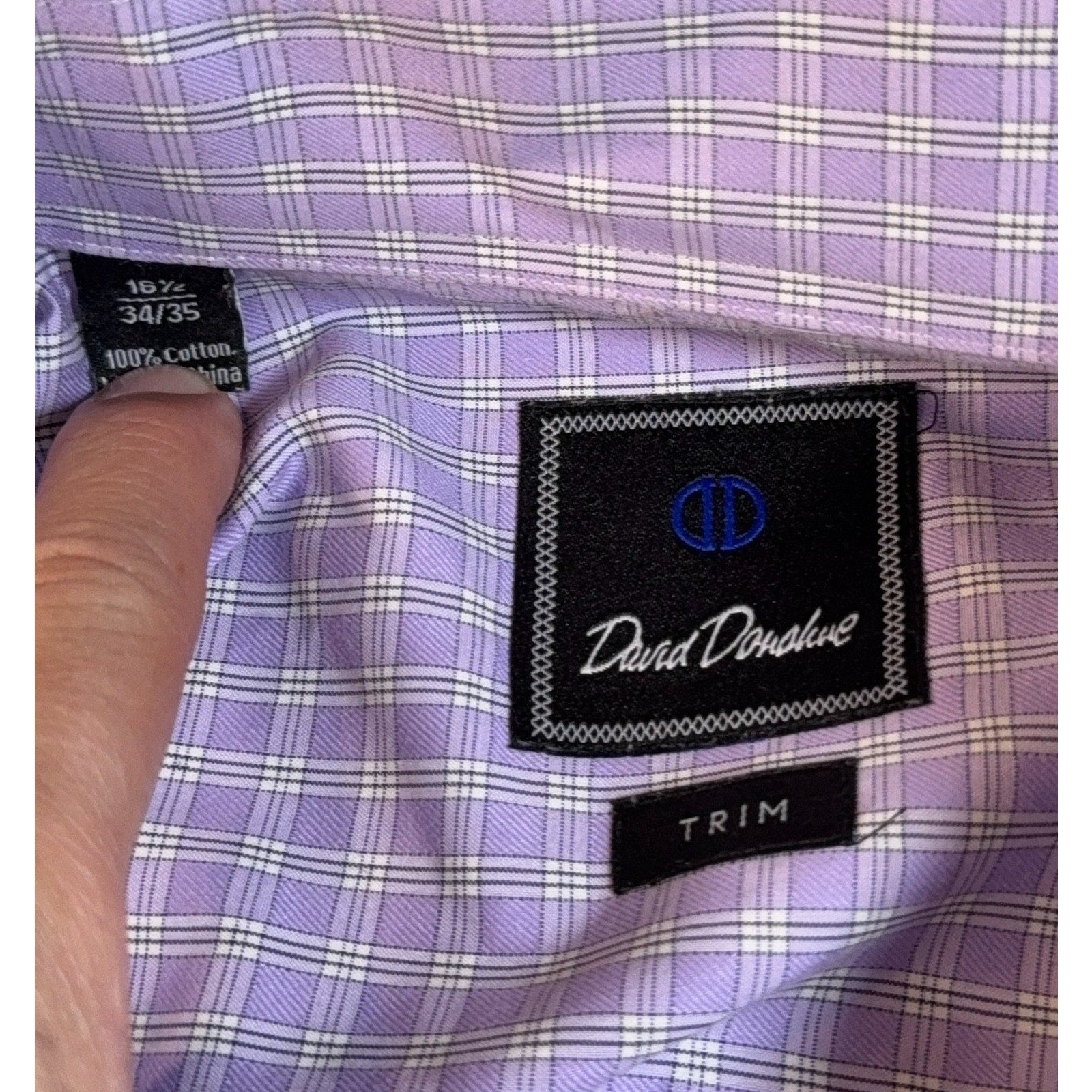 David Donahue Trim Fit Dress Shirt Mens 16.5 34/35 Purple Plaid 100% Cotton