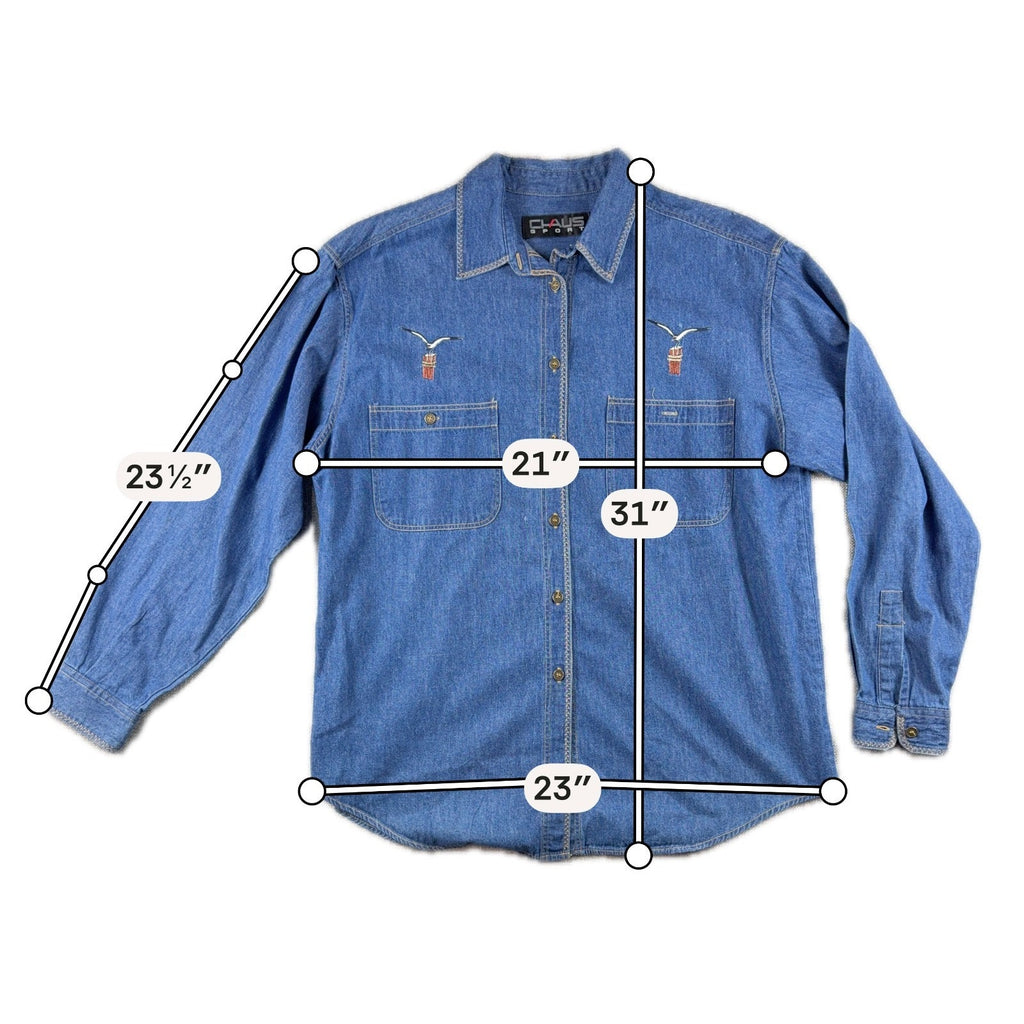 Vintage 90s Claus Sport Womens L Chambray Shirt Embroidered Birds Korea