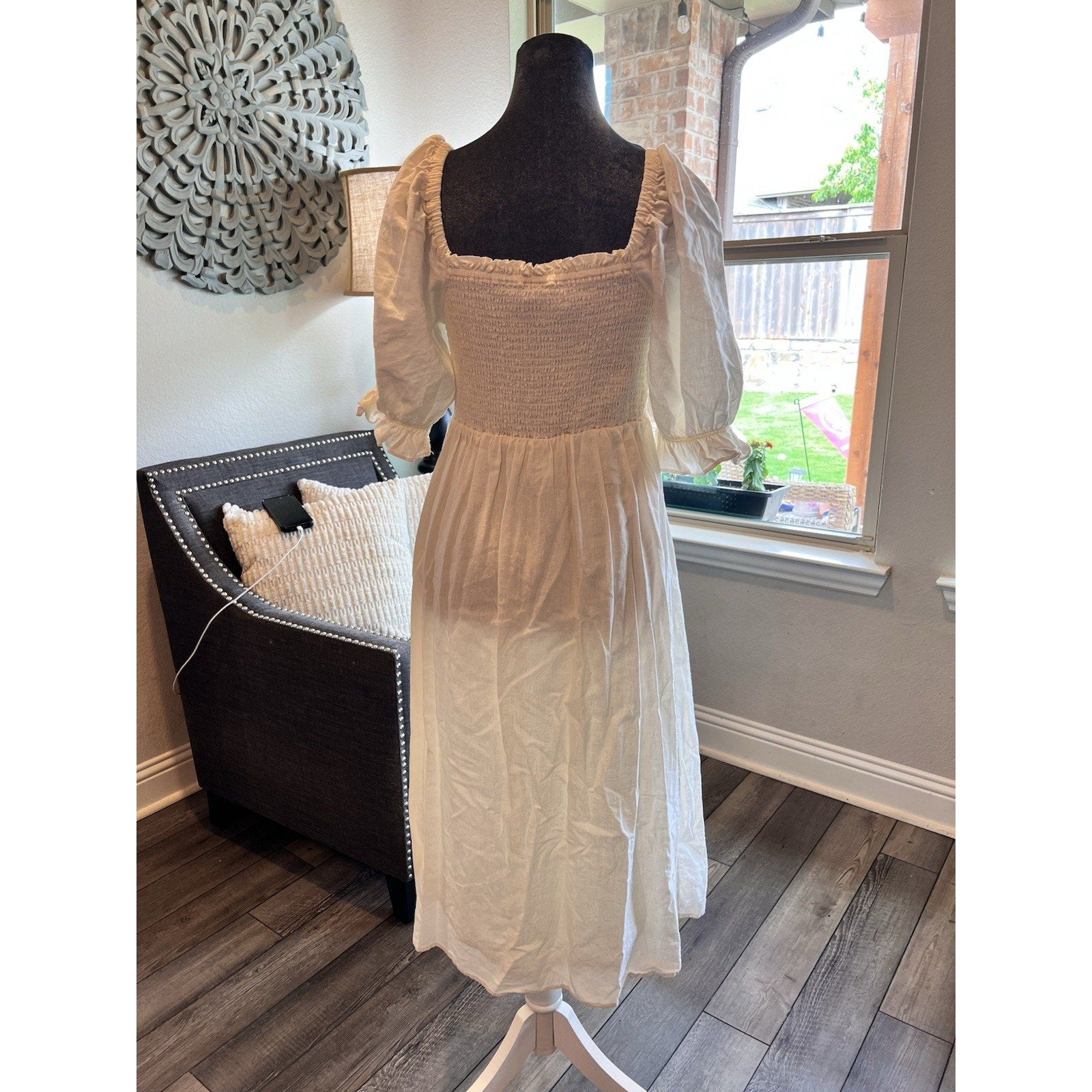 GAP White Cottagecore Midi Dress Womens M Smocked Puff Sleeve Prairie Milkmaid