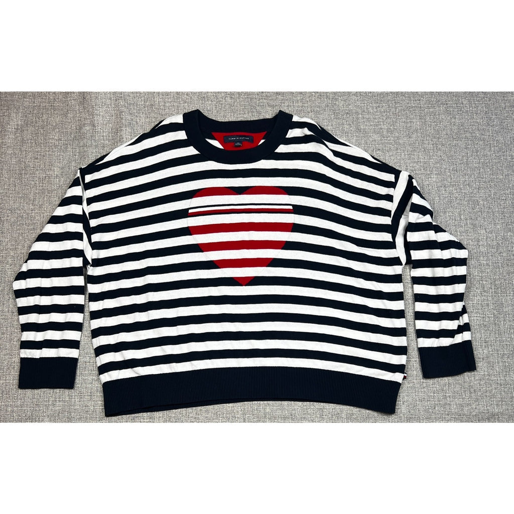 Tommy Hilfiger Women's XXL Navy White Stripe Heart Cotton Sweater