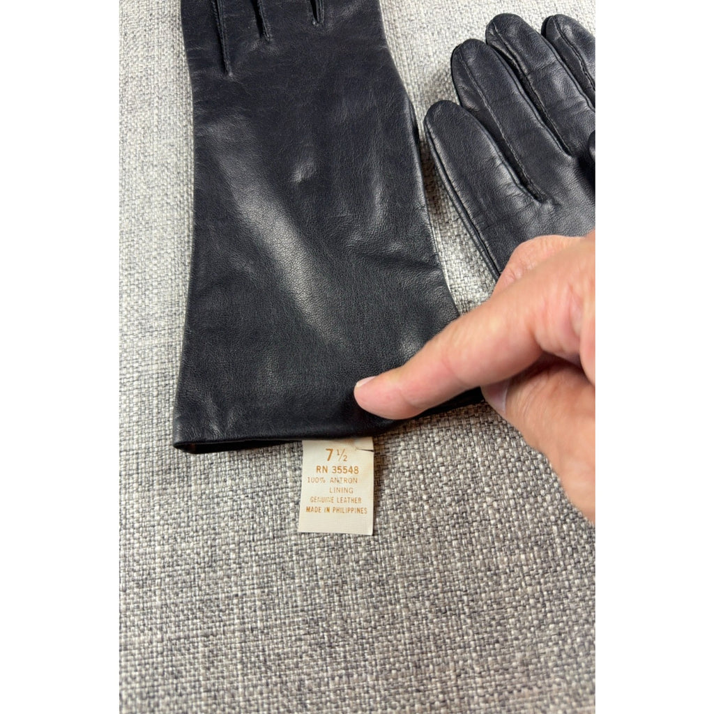 Vintage Aris RN 35548 Black Genuine Leather Gloves Womens 7.5 Lined