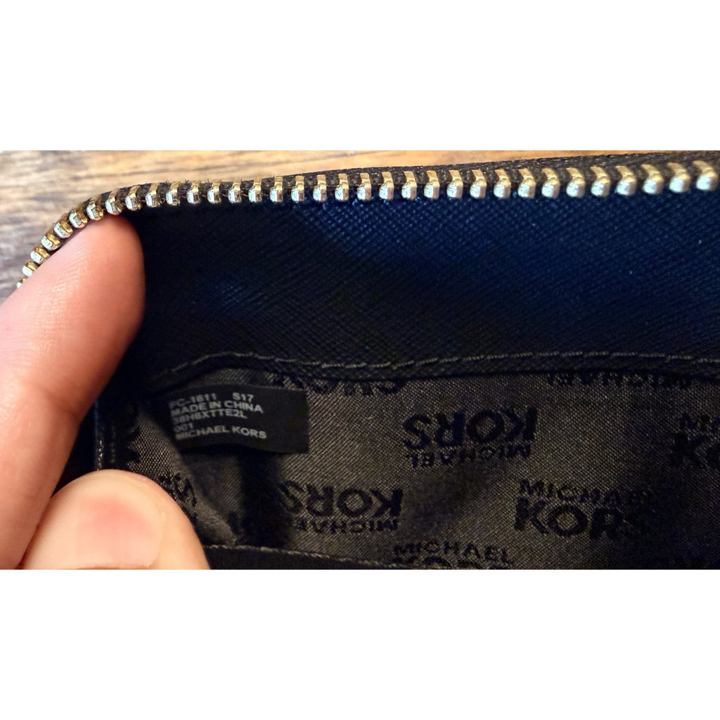 Michael Kors Wallet Black Zip Around Continental Pebbled Leather Gold Logo Women