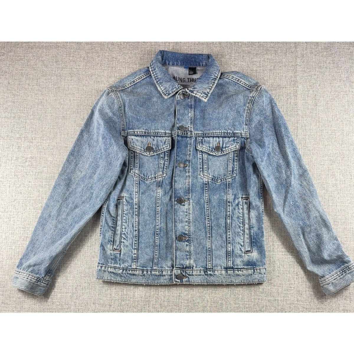 H&M Young Thug Denim Jacket Mens Small Acid Wash Cherub Angel Graphic Blue