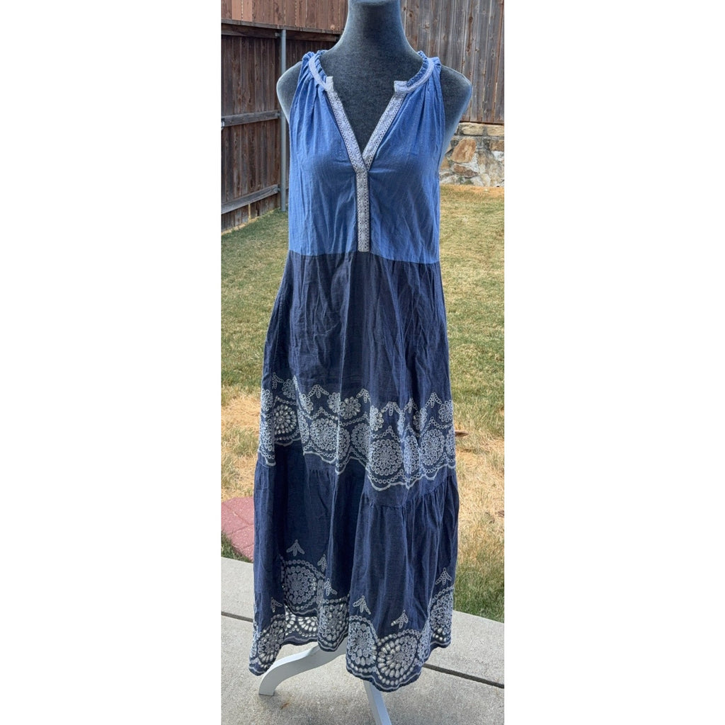 Ruby Yaya Blue Maxi Dress S Boho Embroidered Tiered Sleeveless Resort