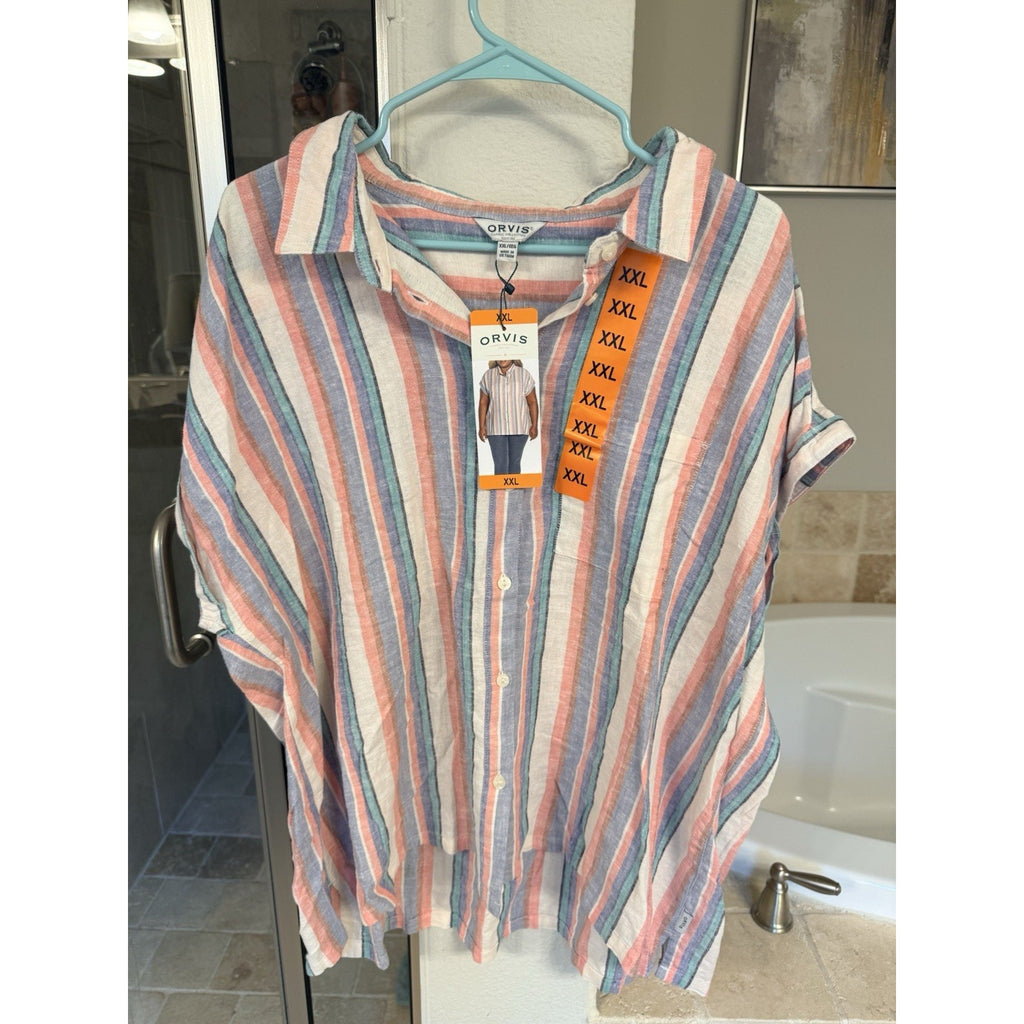 Orvis Womens XXL Linen Blend Striped Button Up Shirt Coastal Lightweight Top NWT