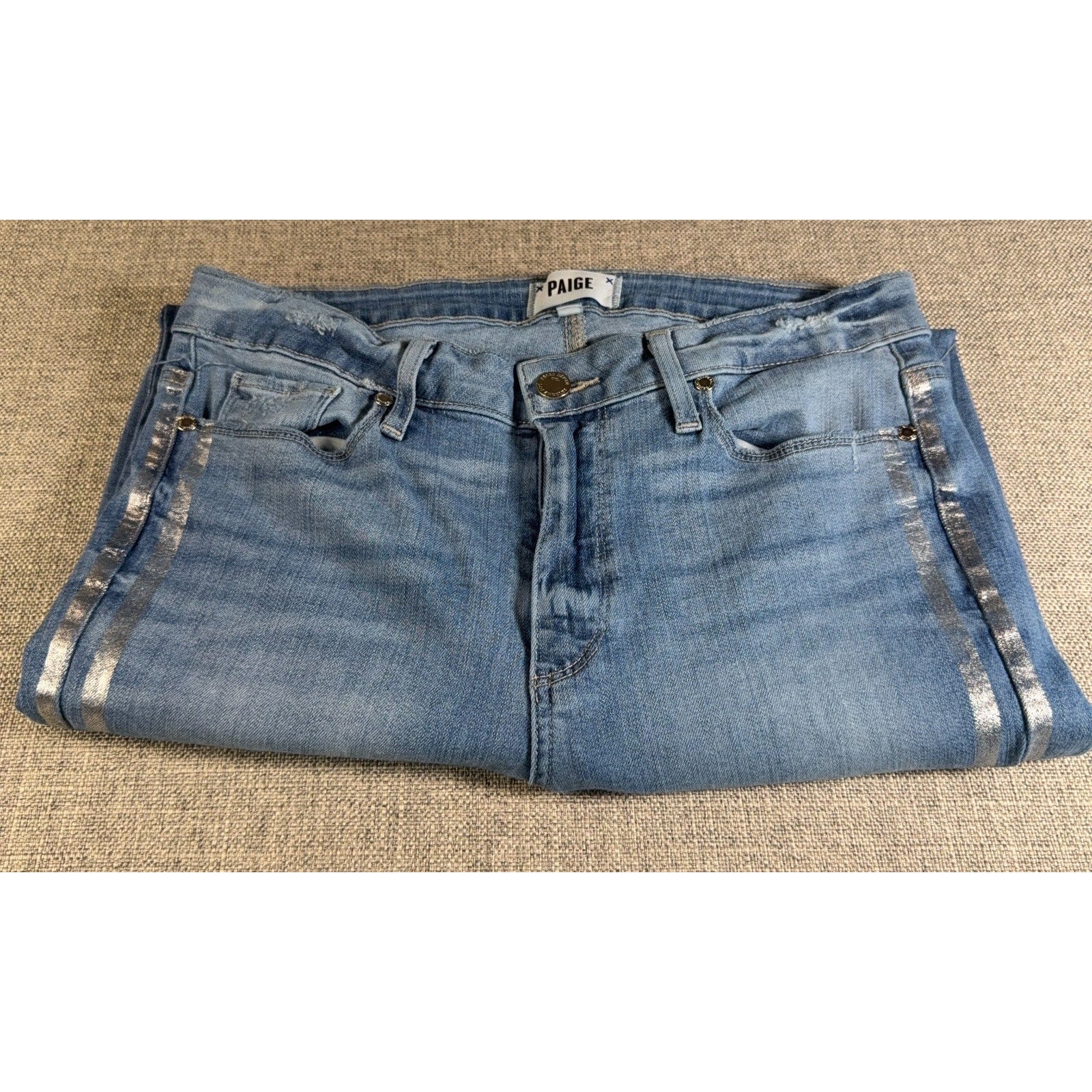 PAIGE Hoxton Ankle Jeans Womens 30 Blue Metallic Silver Stripe Skinny High Rise