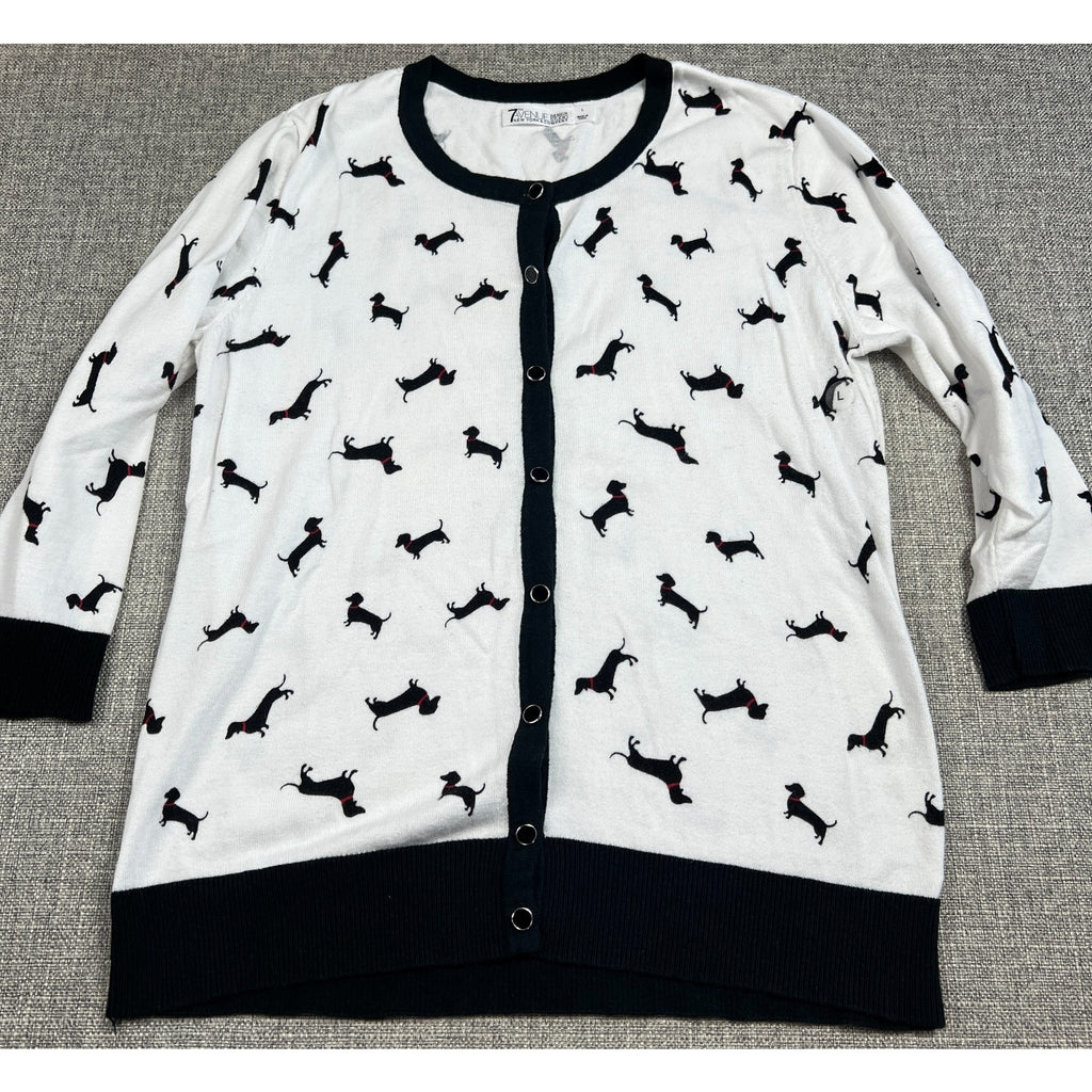 New York & Company Cardigan Women L Dachshund Dog Print Snap Front Sweater