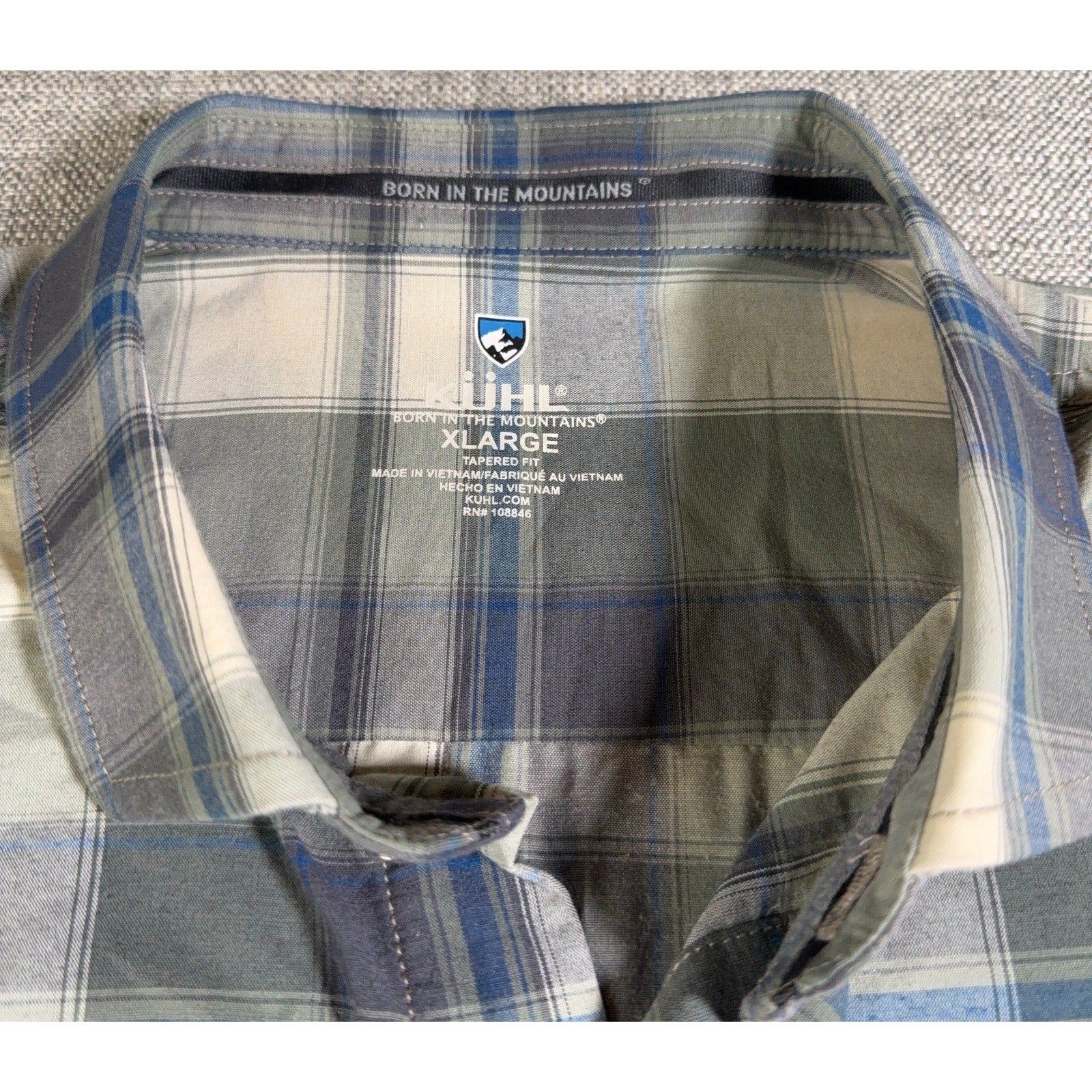 Kuhl Men’s XL Plaid Button Up Shirt Tapered Fit Short Sleeve Outdoor Hiking Gree