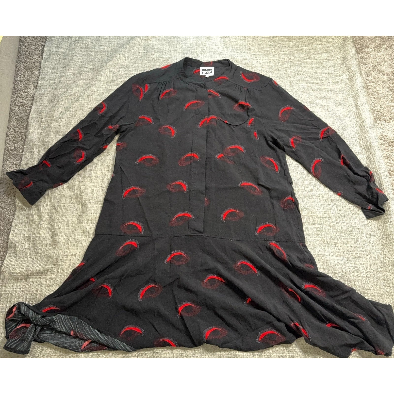 Bimba Y Lola Dress Womens Small Black Red Eye Print Long Sleeve Artsy Drop Waist