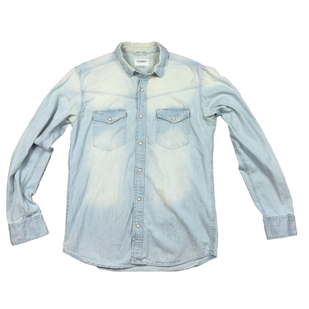 Pull&Bear Mens M Light Wash Denim Western Pearl Snap Shirt Flawed Cotton