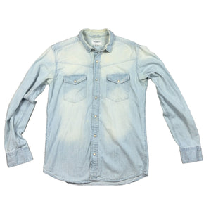 Pull&Bear Mens M Light Wash Denim Western Pearl Snap Shirt Flawed Cotton