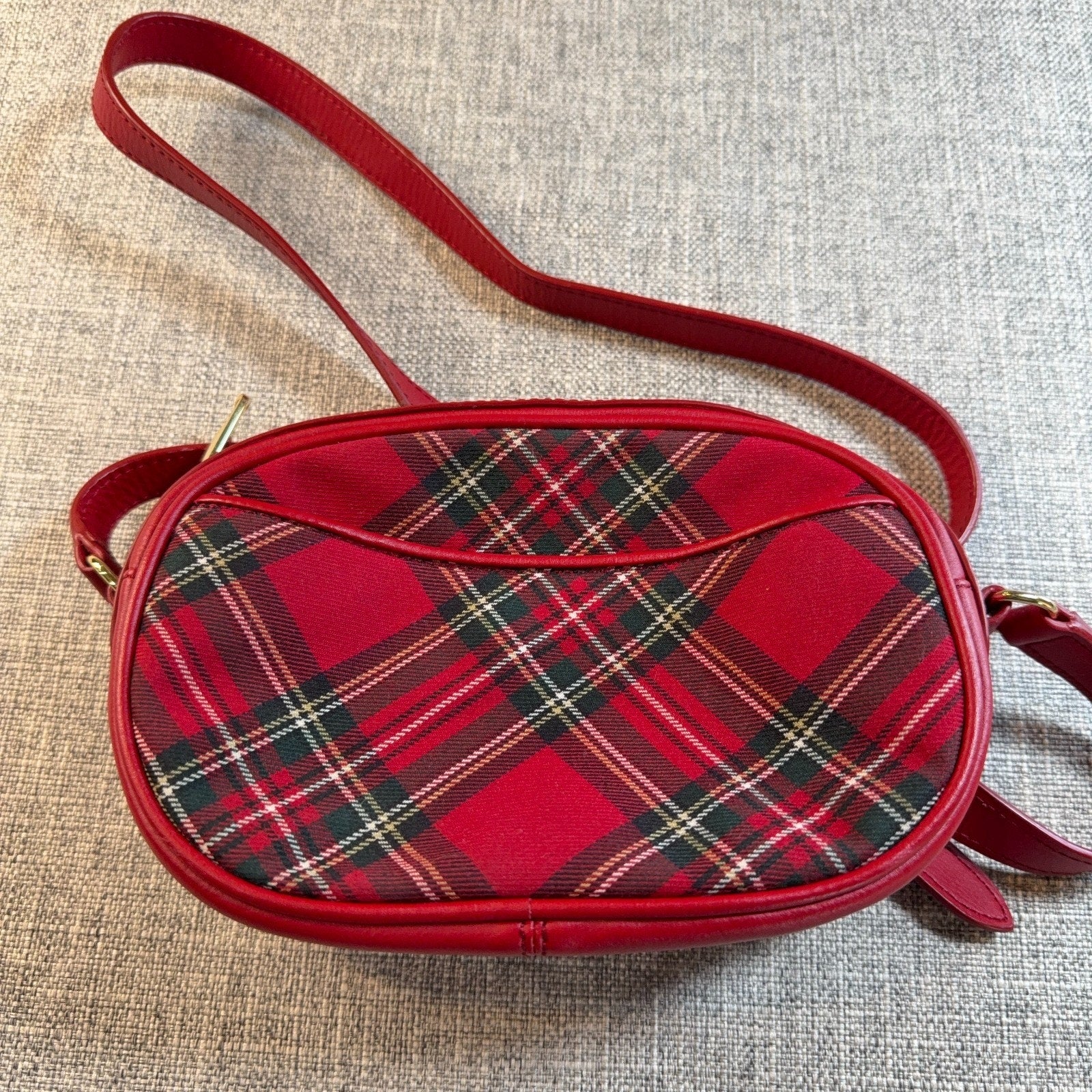 Talbots Red Tartan Plaid Camera Crossbody Bag Leather Trim Gold Hardware