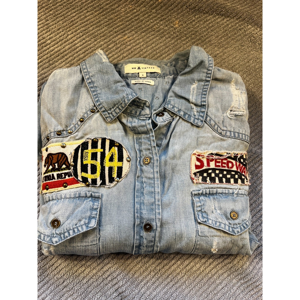 MM Vintage Denim Button Up Shirt Womens Small Distressed Studded Patch Western