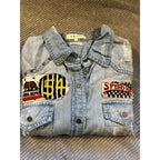 MM Vintage Denim Button Up Shirt Womens Small Distressed Studded Patch Western