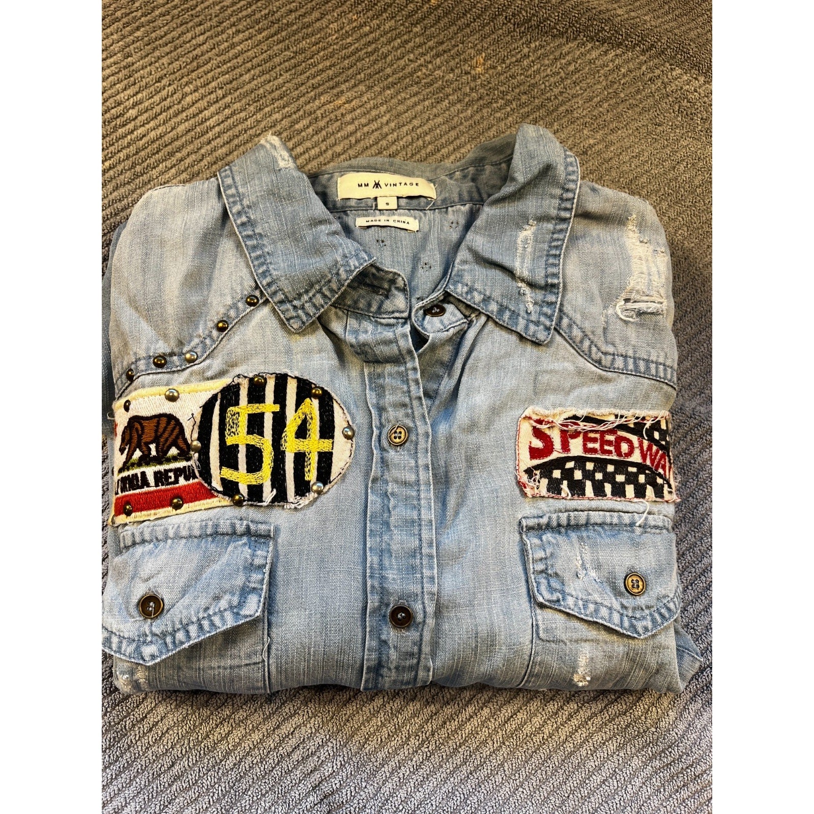 MM Vintage Denim Button Up Shirt Womens Small Distressed Studded Patch Western