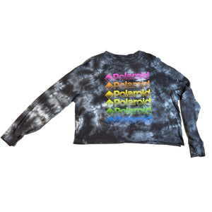 Polaroid Shirt Women XXL Black Tie Dye Cropped Long Sleeve Rainbow Graphic
