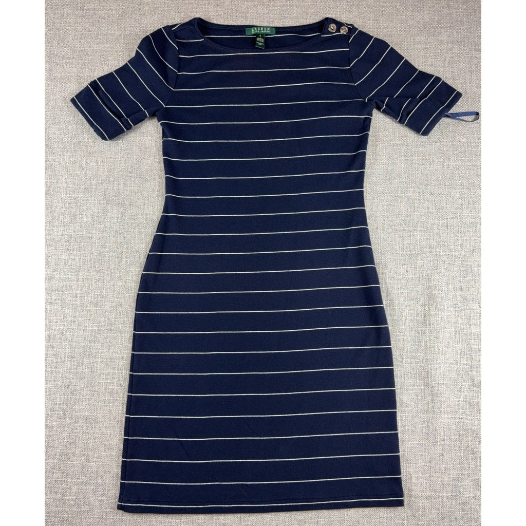 Lauren Ralph Lauren Dress Small Navy White Stripe Boat Neck Cotton Sheath Nautic