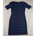 Lauren Ralph Lauren Dress Small Navy White Stripe Boat Neck Cotton Sheath Nautic