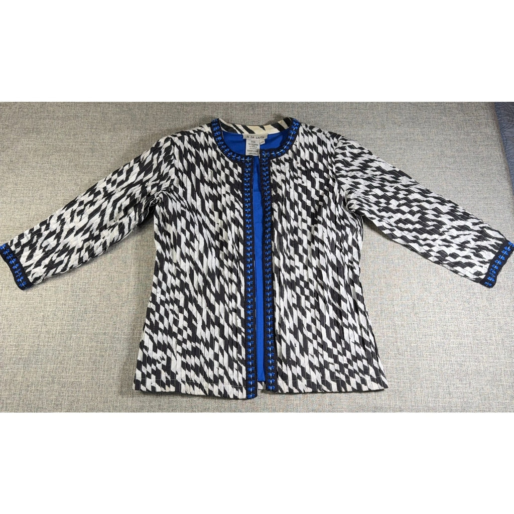 A La Carte Womens XS Jacket Black White Blue Embroidered Beaded Boho Art
