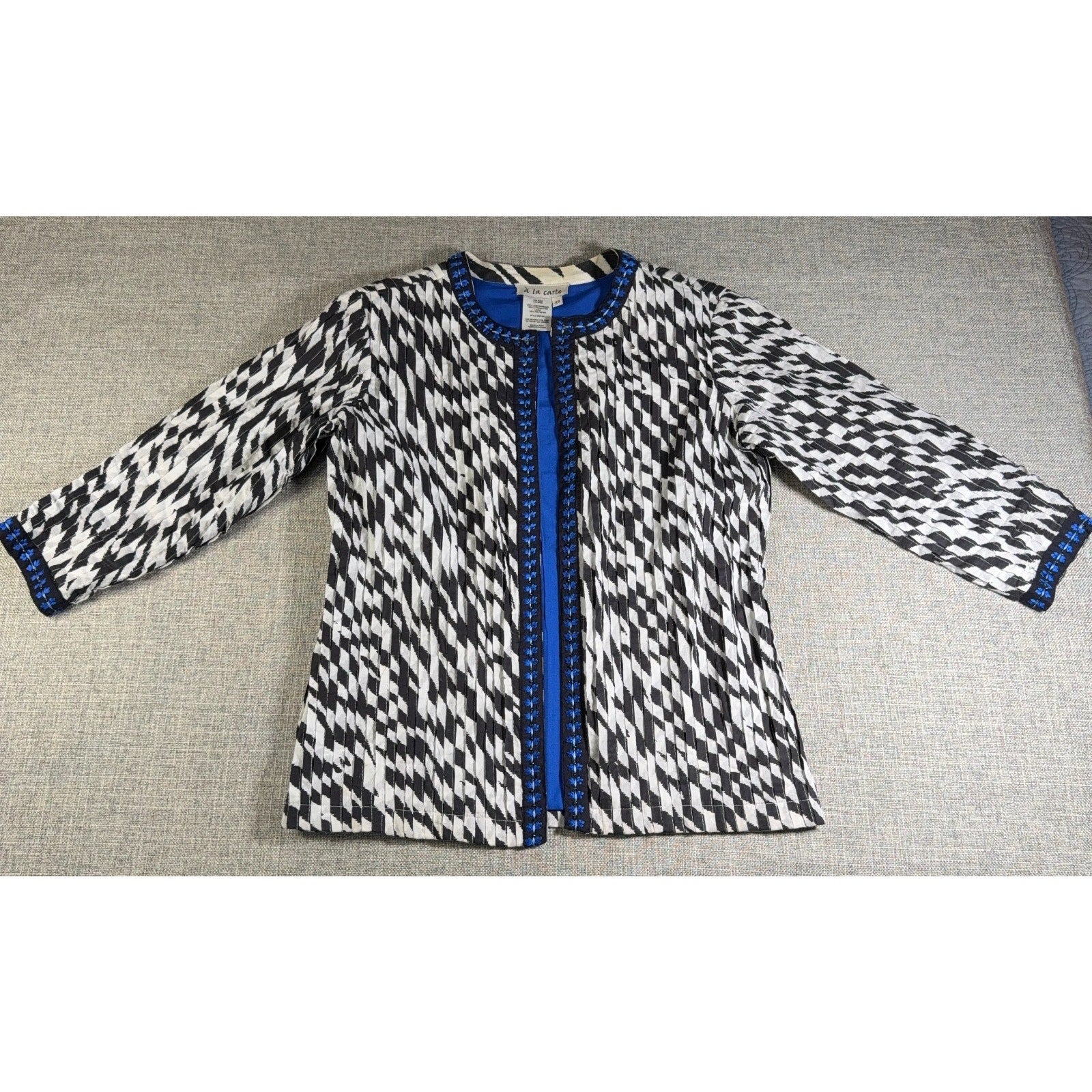 A La Carte Womens XS Jacket Black White Blue Embroidered Beaded Boho Art