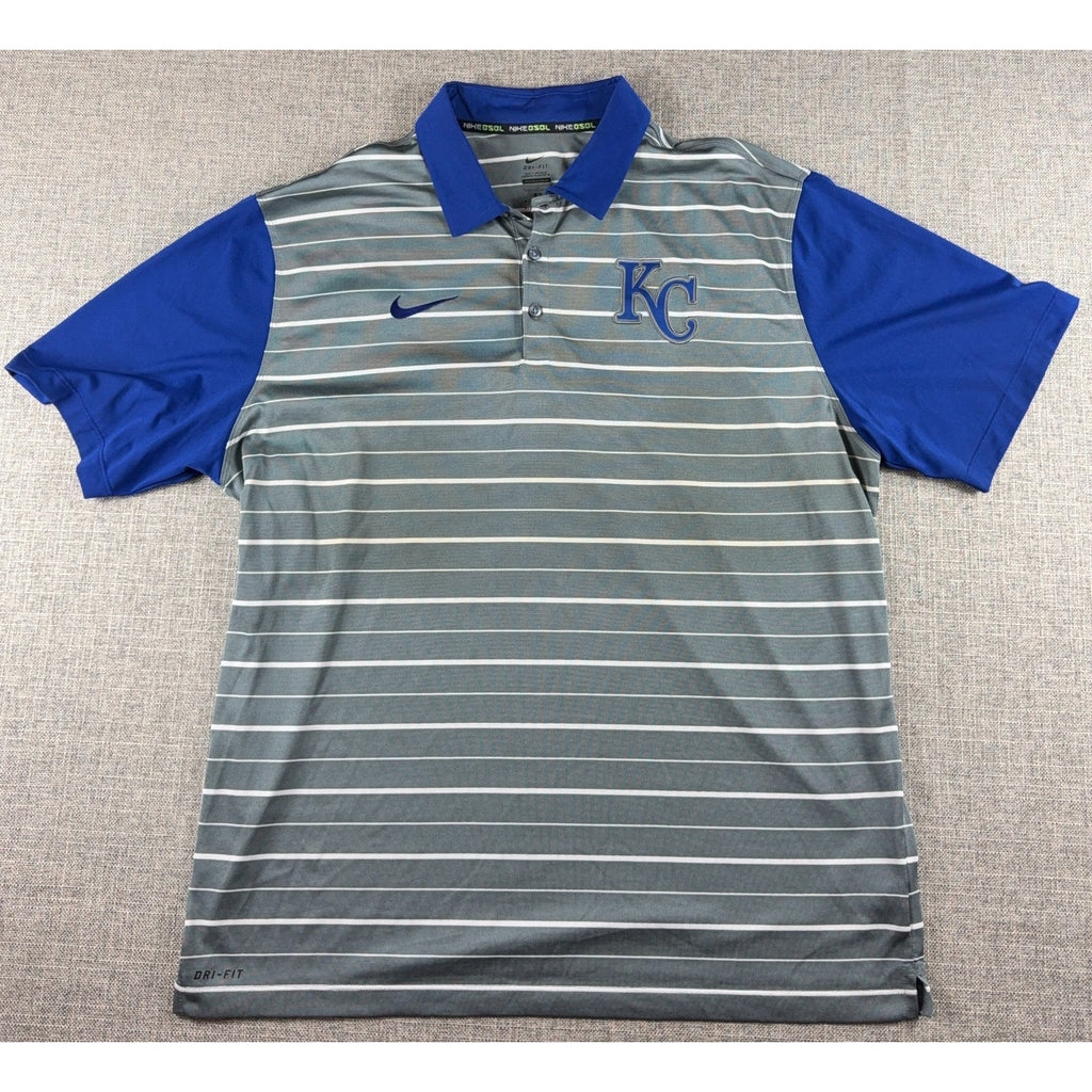 Nike Kansas City Royals Polo Mens XL Dri-FIT Gray Blue Striped MLB Golf
