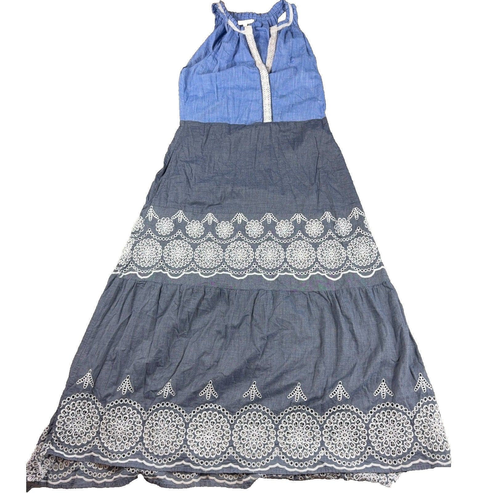Ruby Yaya Blue Maxi Dress S Boho Embroidered Tiered Sleeveless Resort