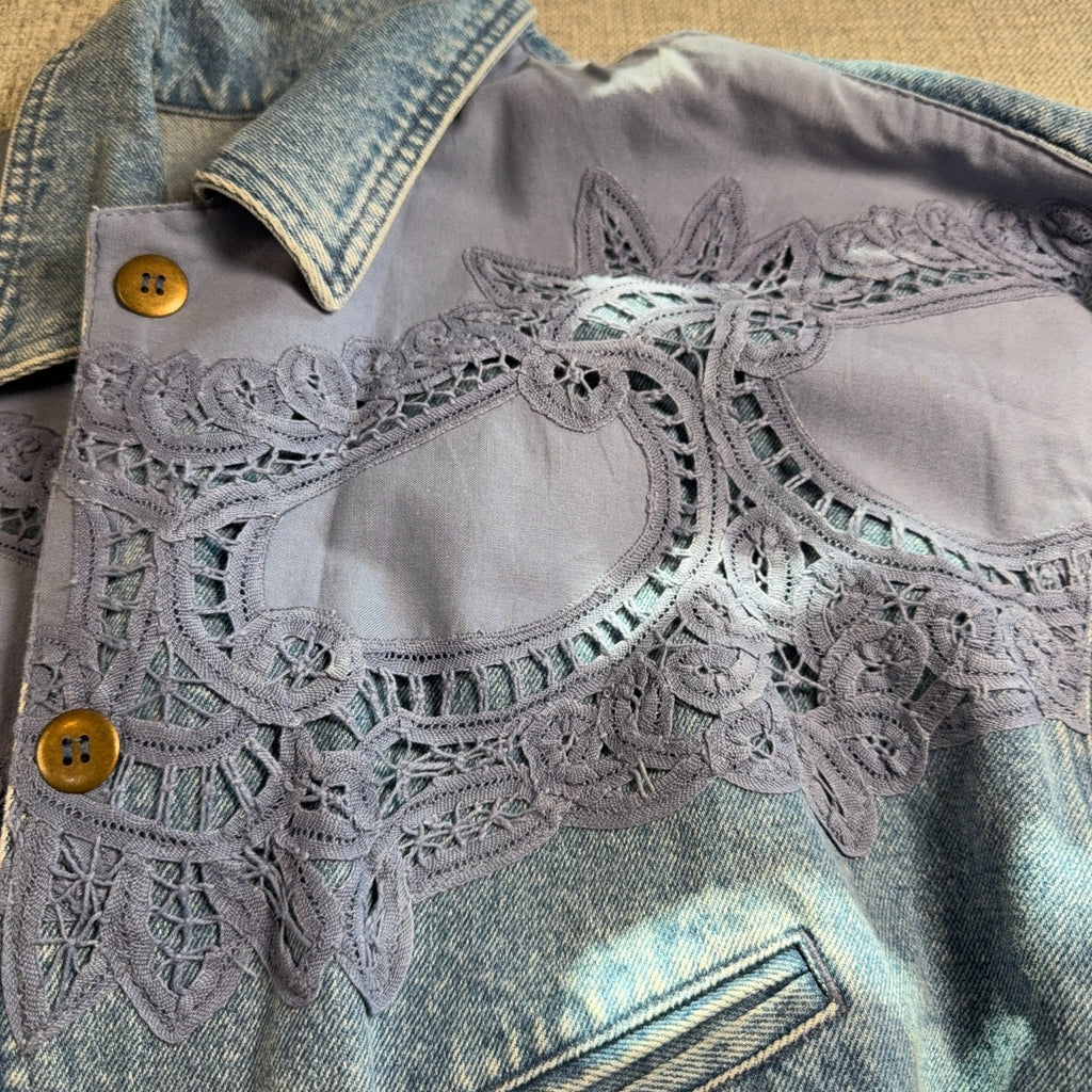 Vintage 90s Together Denim Lace Jacket Women M Batwing Acid Wash Boho Western