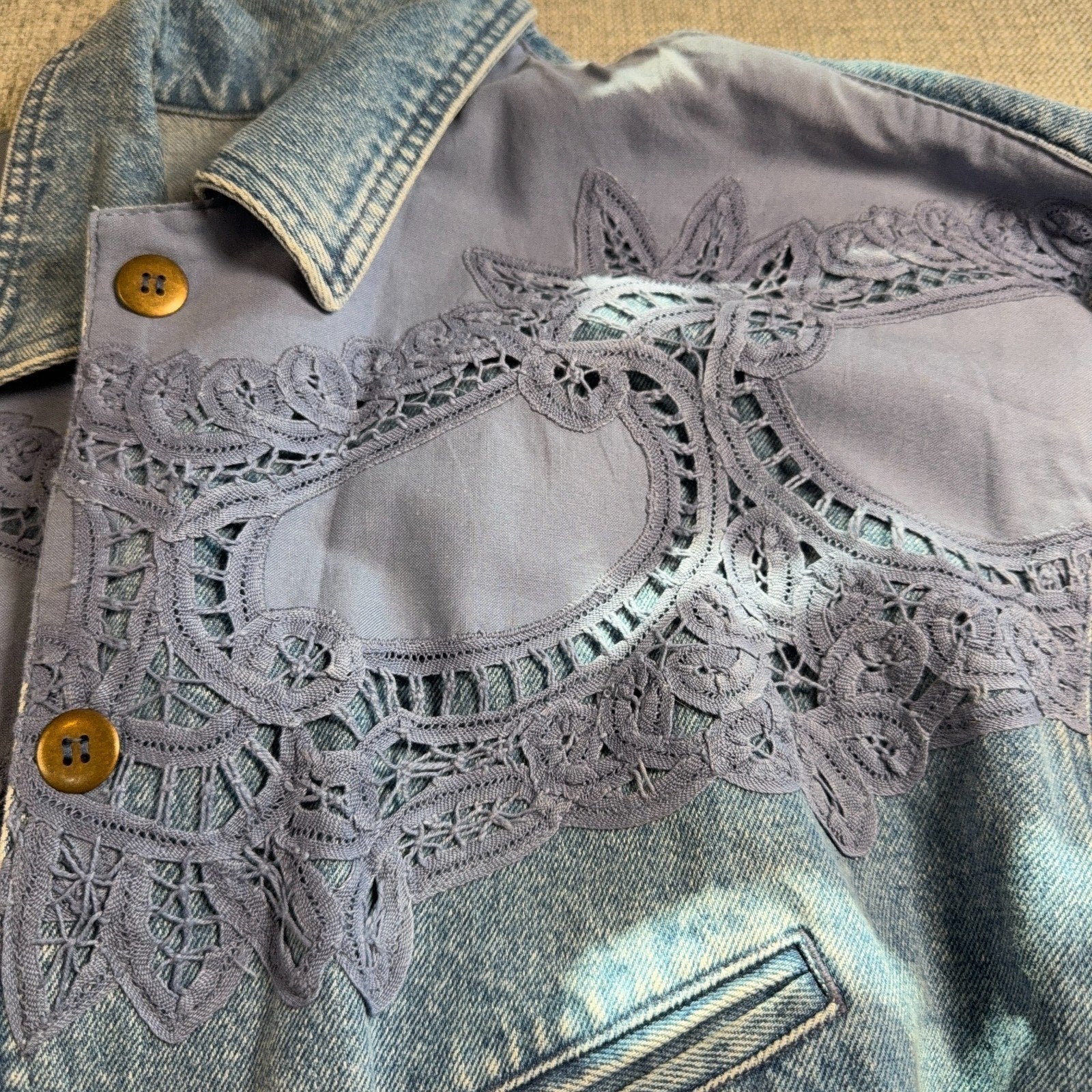 Vintage 90s Together Denim Lace Jacket Women M Batwing Acid Wash Boho Western
