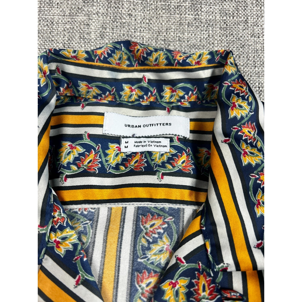 Urban Outfitters Shirt Mens M Floral Stripe Satin Camp Collar Short Sleeve