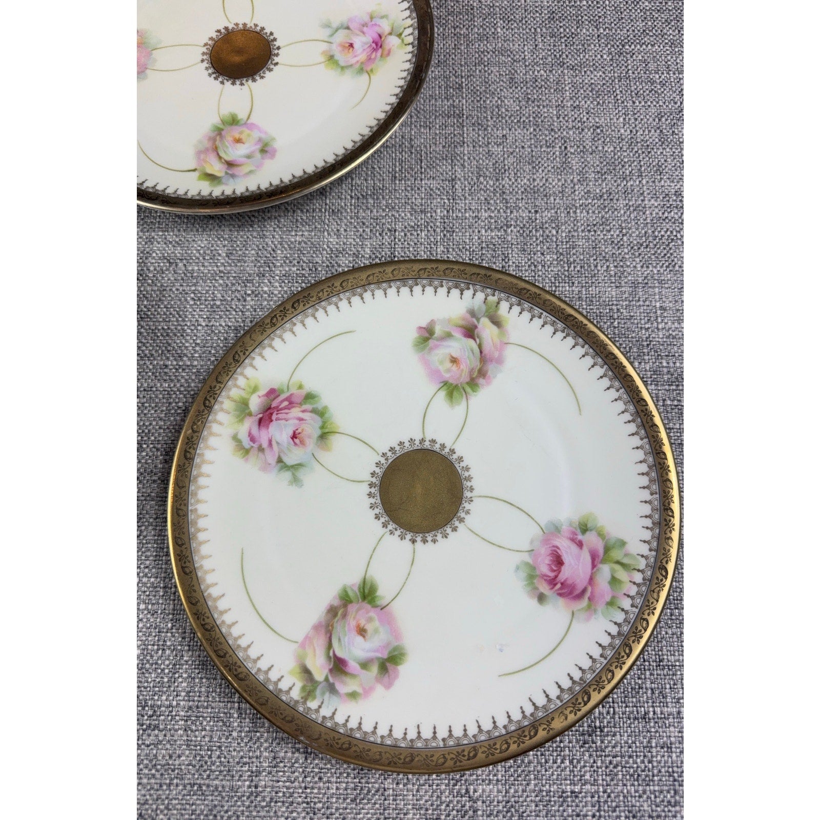 Antique PM Moschendorf Bavaria Hand Painted Rose Plates Set 6 Gold Rim 1895-1910