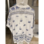 Handmade Thailand Elephant Print Shirt 3XL White Blue Cotton Boho Camp Resort