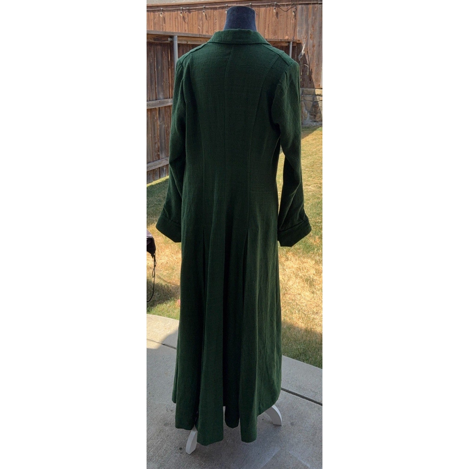 Handmade Green Maxi Coat Dress Womens Long Button Front Pleated Artisan Vintage