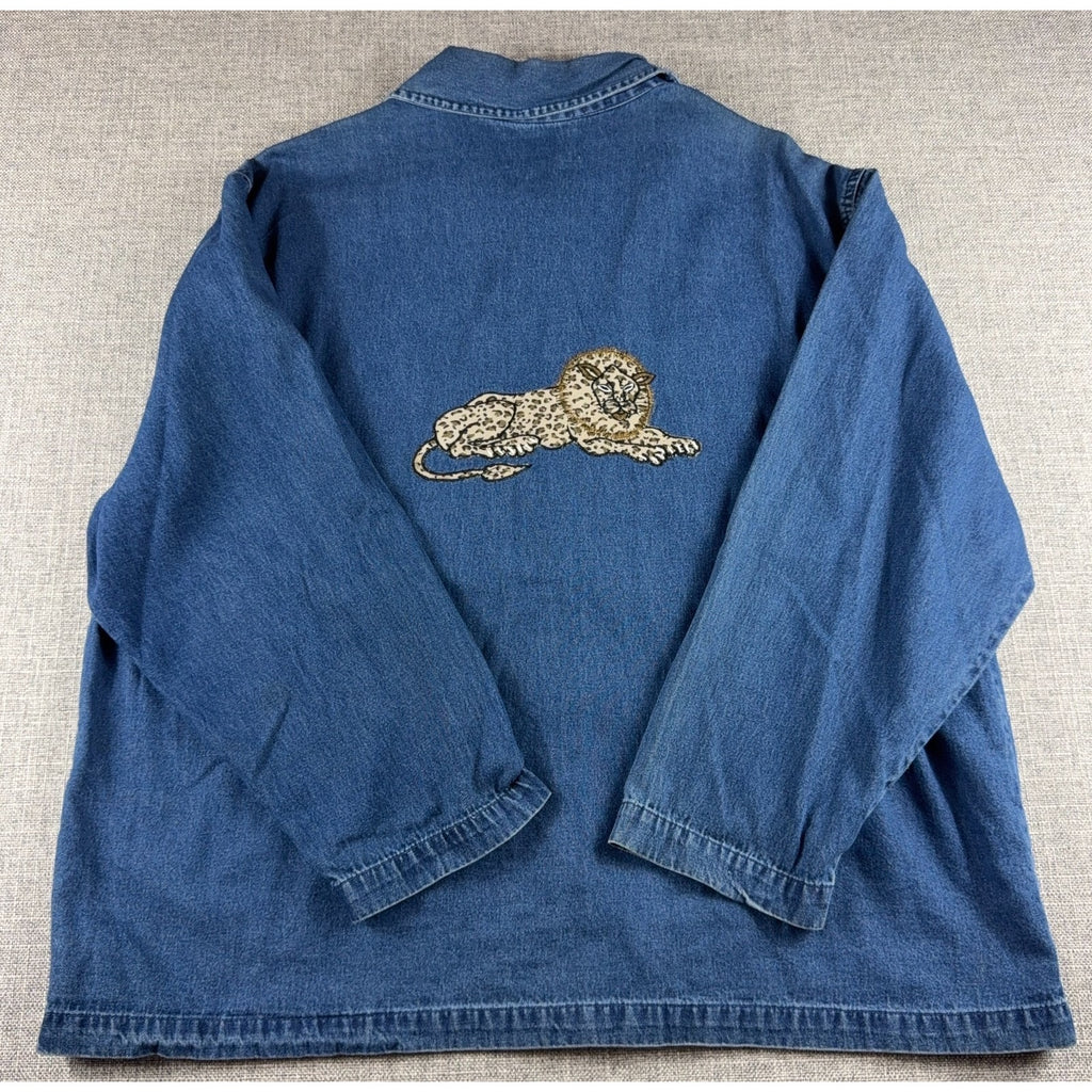Tantrums Womens 1X Denim Shirt Jacket Safari Giraffe Leopard Embroidered Blue