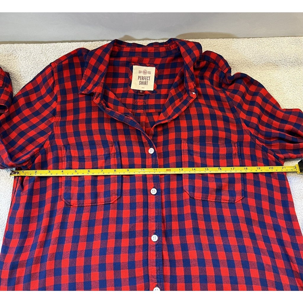 Perfect Shirt Women’s XL Red Blue Buffalo Plaid Rayon Button Up Flannel Relaxed