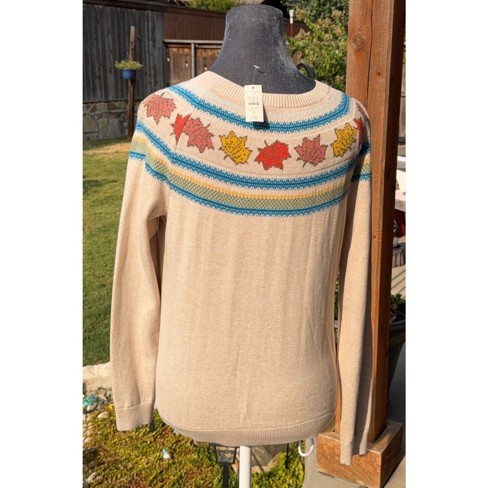 NWT Talbots Cardigan Sweater Womens S Maple Leaf Fair Isle Beige Fall
