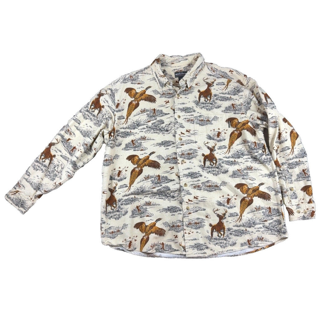 Woolrich Mens XL Hunting Shirt Pheasant Deer Wildlife Print Button Down Outdoor