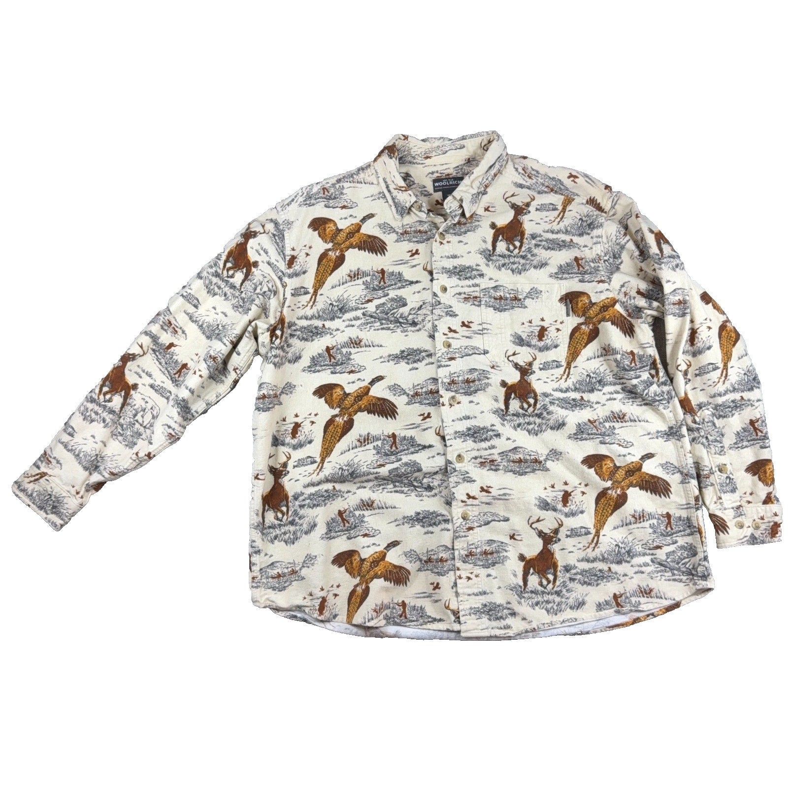 Woolrich Mens XL Hunting Shirt Pheasant Deer Wildlife Print Button Down Outdoor
