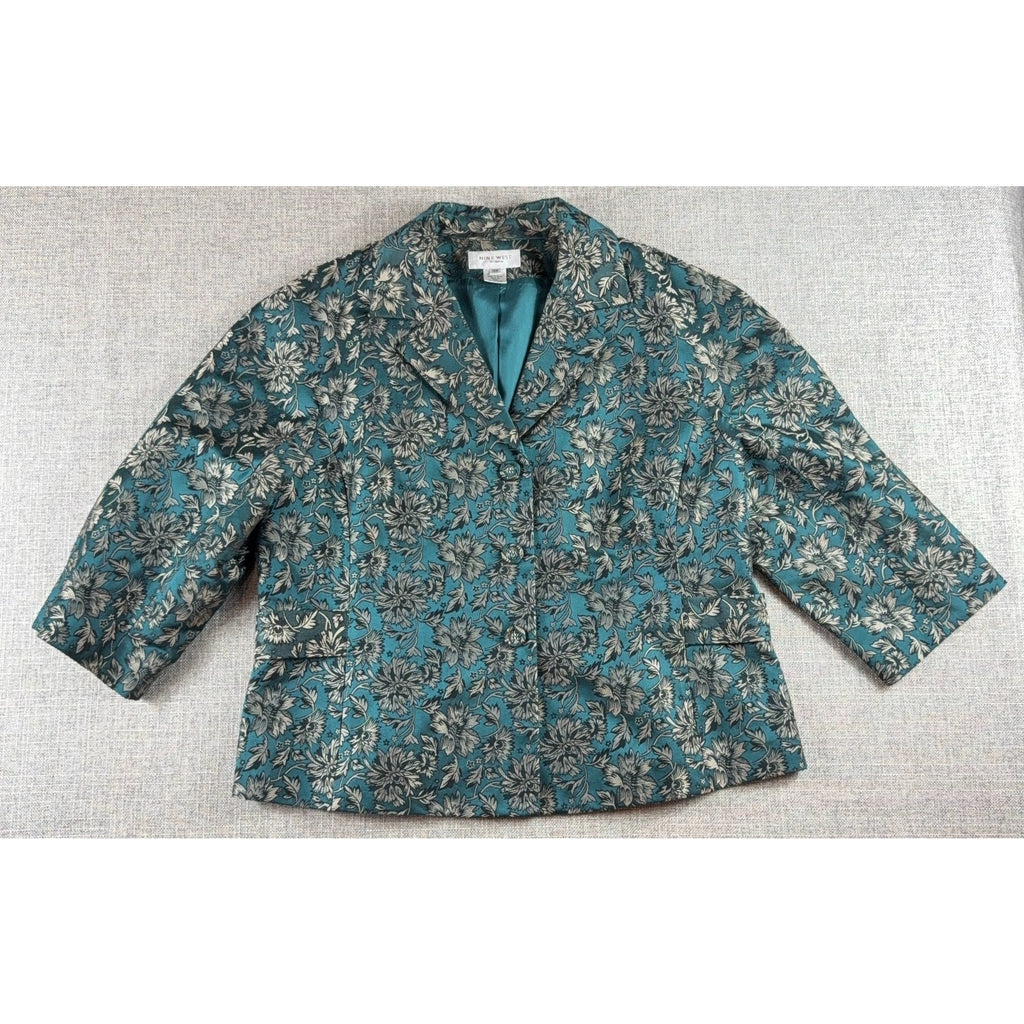Nine West Woman Blazer 16W Teal Floral Jacquard 3/4 Sleeve Plus Size Jacket