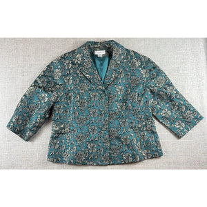 Nine West Woman Blazer 16W Teal Floral Jacquard 3/4 Sleeve Plus Size Jacket