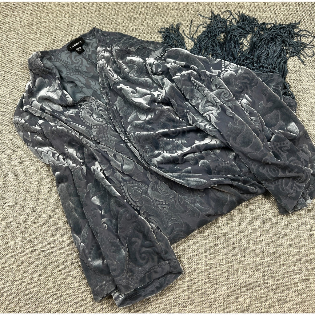 Torrid 00/0 Gray Velvet Burnout Fringe Kimono Duster Boho Made USA