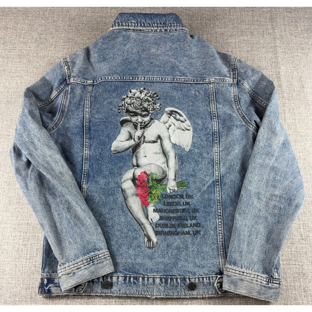 H&M Young Thug Denim Jacket Mens Small Acid Wash Cherub Angel Graphic Blue