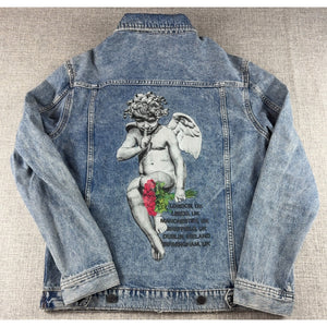 H&M Young Thug Denim Jacket Mens Small Acid Wash Cherub Angel Graphic Blue