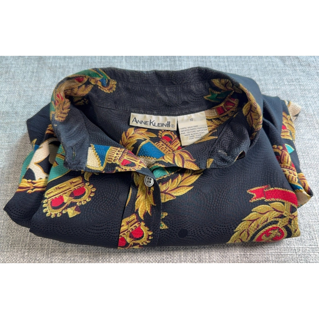 Vintage Anne Klein II Silk Blouse Womens 10 Black Baroque Crest Print 100% Silk