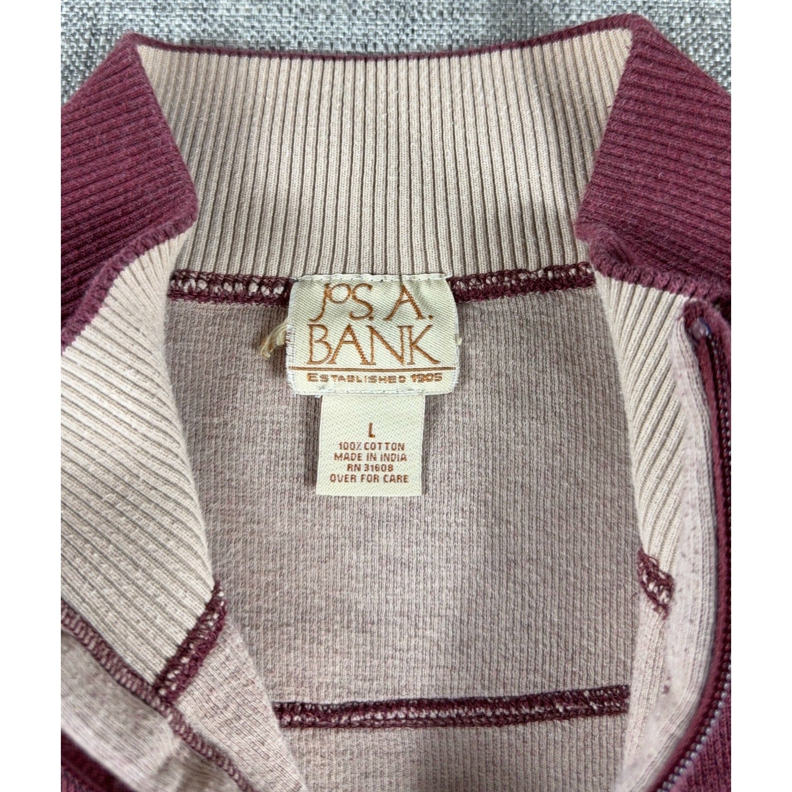 Jos A Bank Mens Large Burgundy Quarter Zip Sweater 100% Cotton Pullover Mock Nec