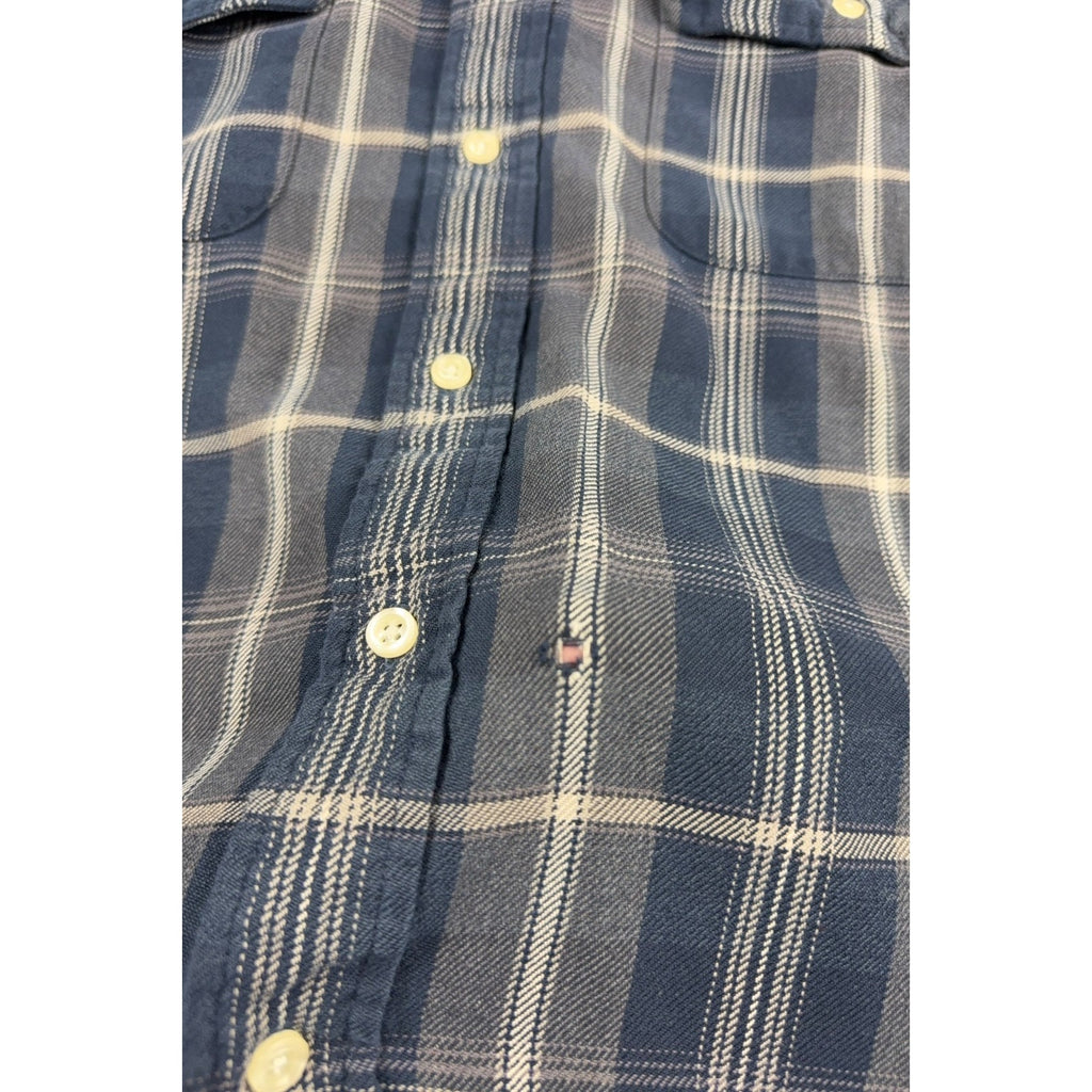 Vintage Tommy Hilfiger Plaid Button Down Shirt Mens L Blue Gray 90s Y2K Flag