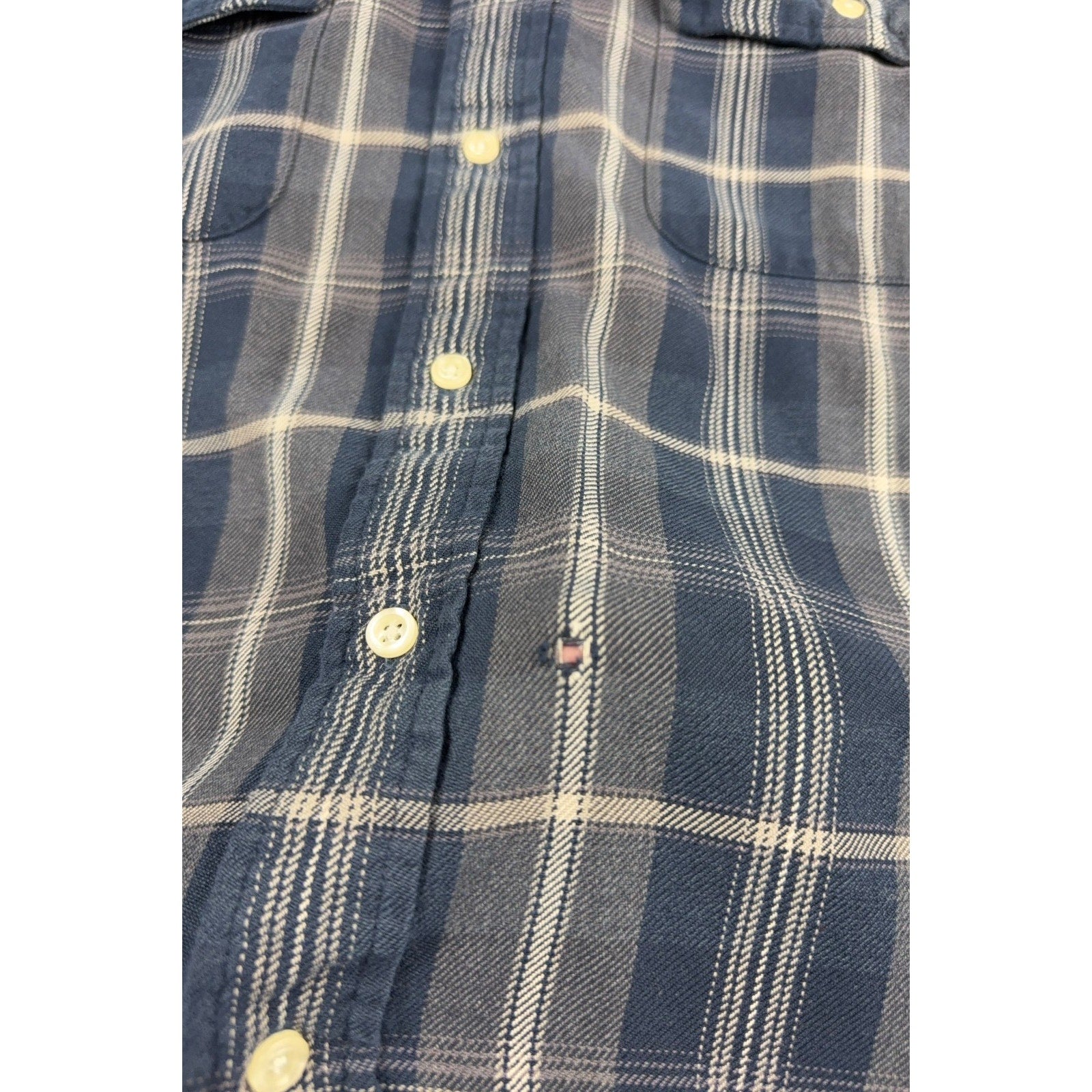 Vintage Tommy Hilfiger Plaid Button Down Shirt Mens L Blue Gray 90s Y2K Flag
