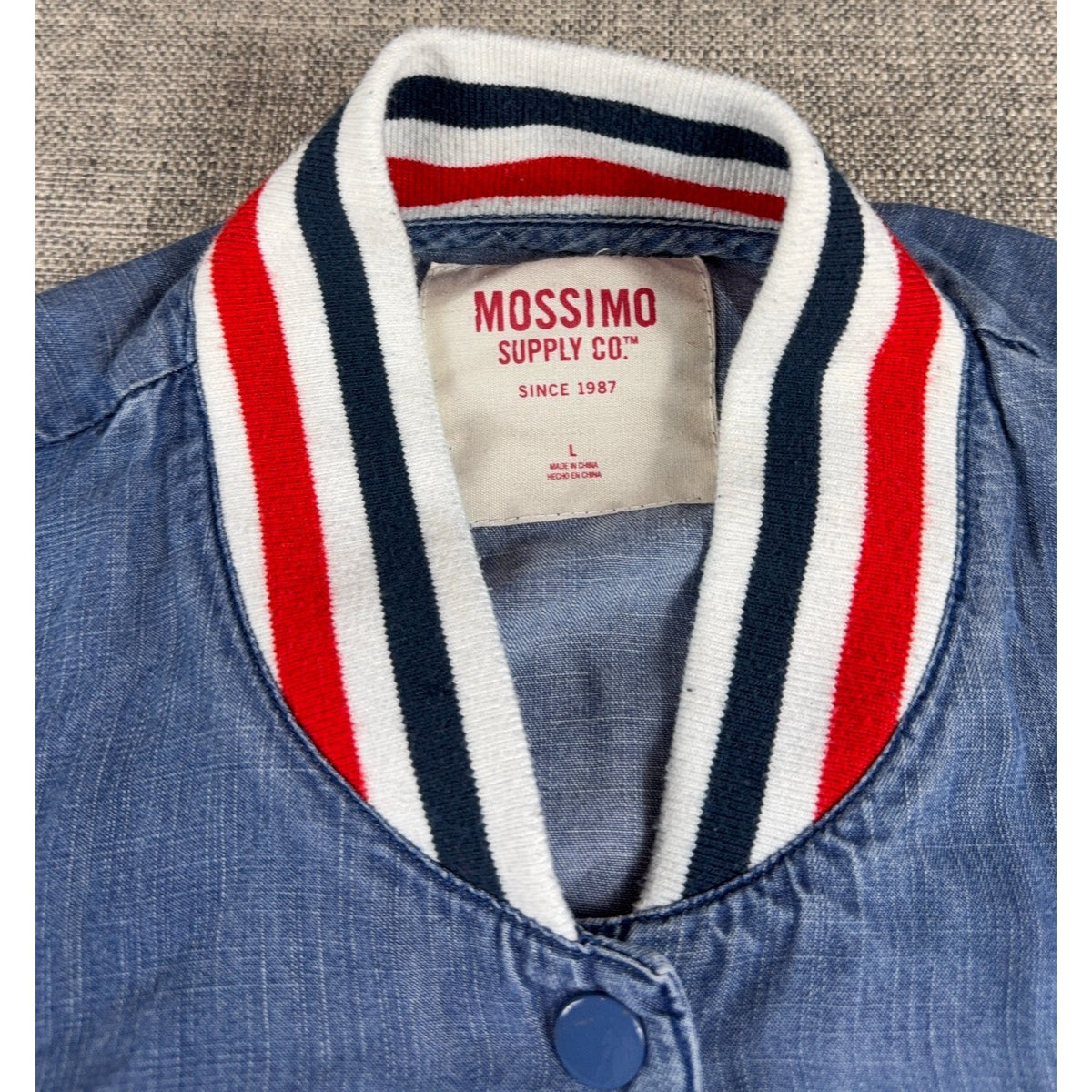 Mossimo Blue Chambray Varsity Bomber Jacket L Americana Striped