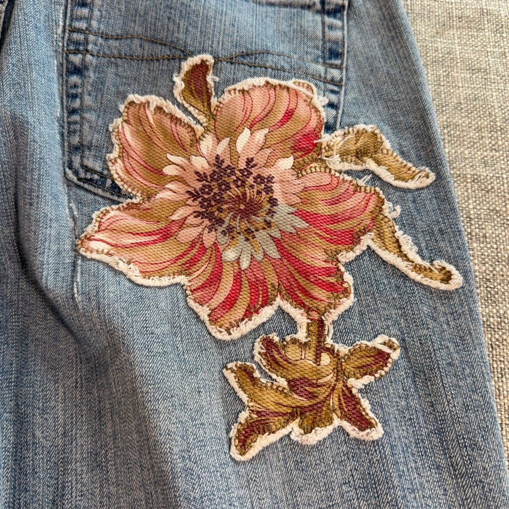 Z Cavaricci Jeans Womens 31/32 Light Wash Floral Applique Y2K Boho Flare Raw Hem